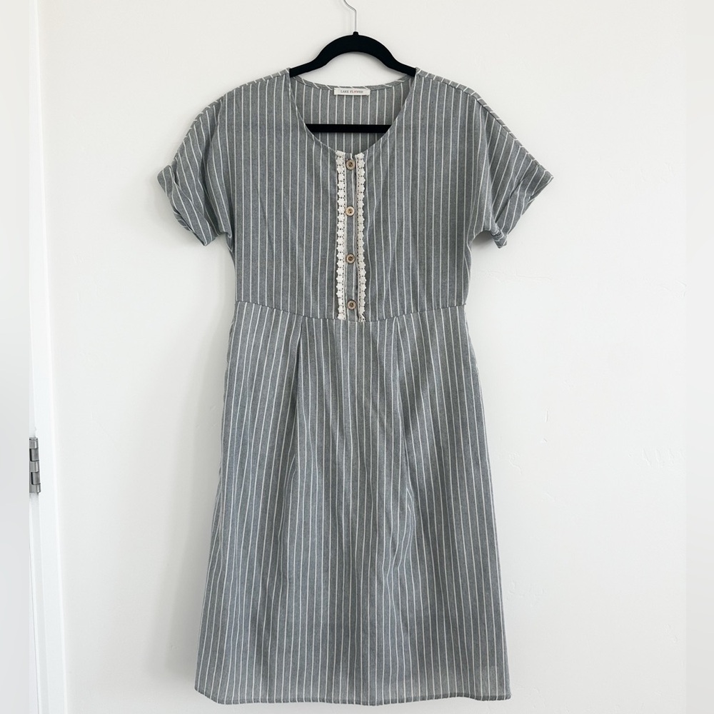 Striped Gray Midi Dress with Lace-Trim Placket